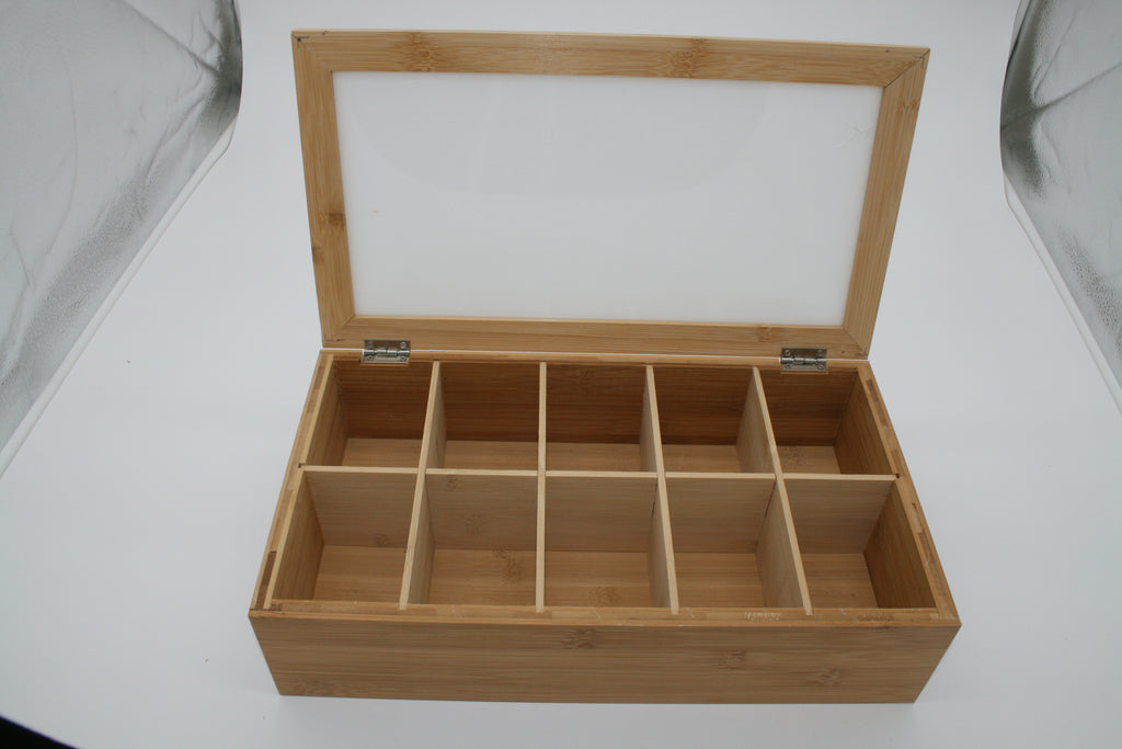 Navaris Teebox Bambus 10 Fächer 36x20x9cm Teebeutelbox mit Sichtfenster