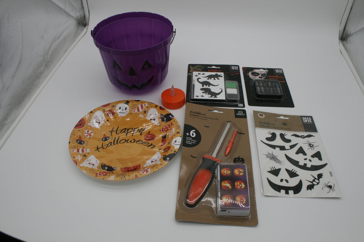 Halloween Party Set 3 Kürbisschnitzset Eimer Teller Deko Make-up LED Neu