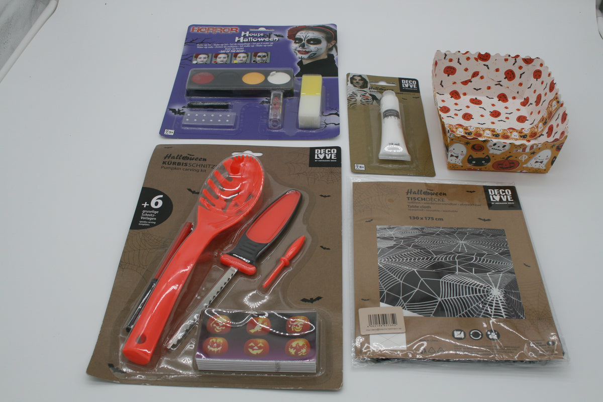 Halloween Set Kürbisschnitzset 11 Horror Schminke Tischdecke Deko 5-tlg. Neu
