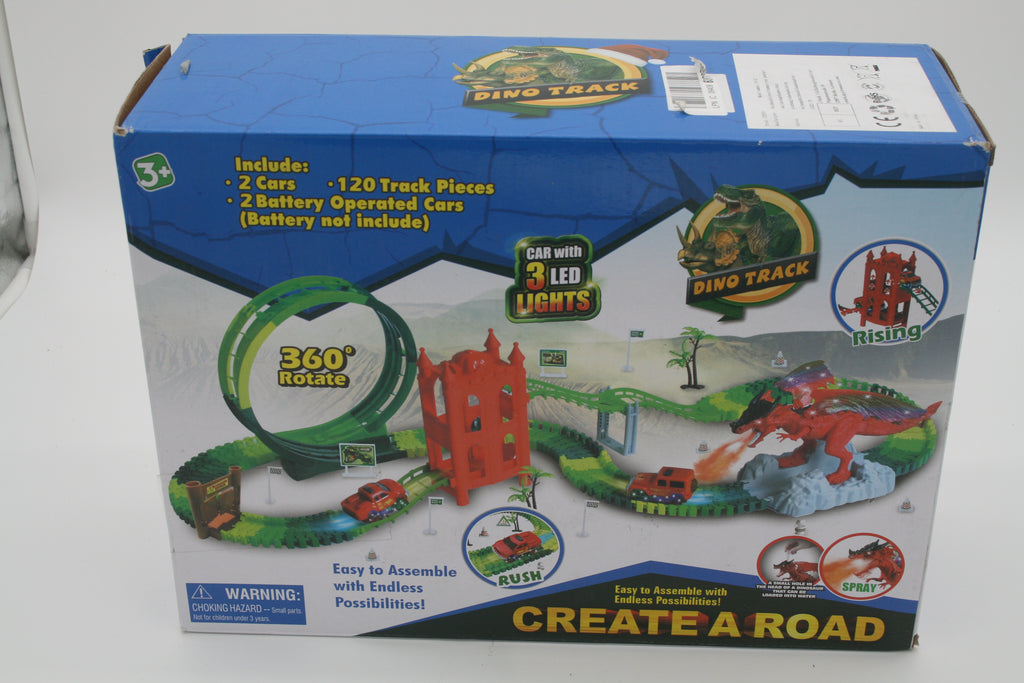 Dino Track Dinosaurier-Rennbahn – 120 Streckenteile – 2 LED-Autos – Looping – Retoure