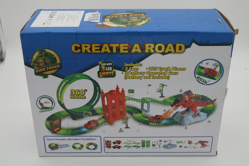 Dino Track Dinosaurier-Rennbahn – 120 Streckenteile – 2 LED-Autos – Looping – Retoure