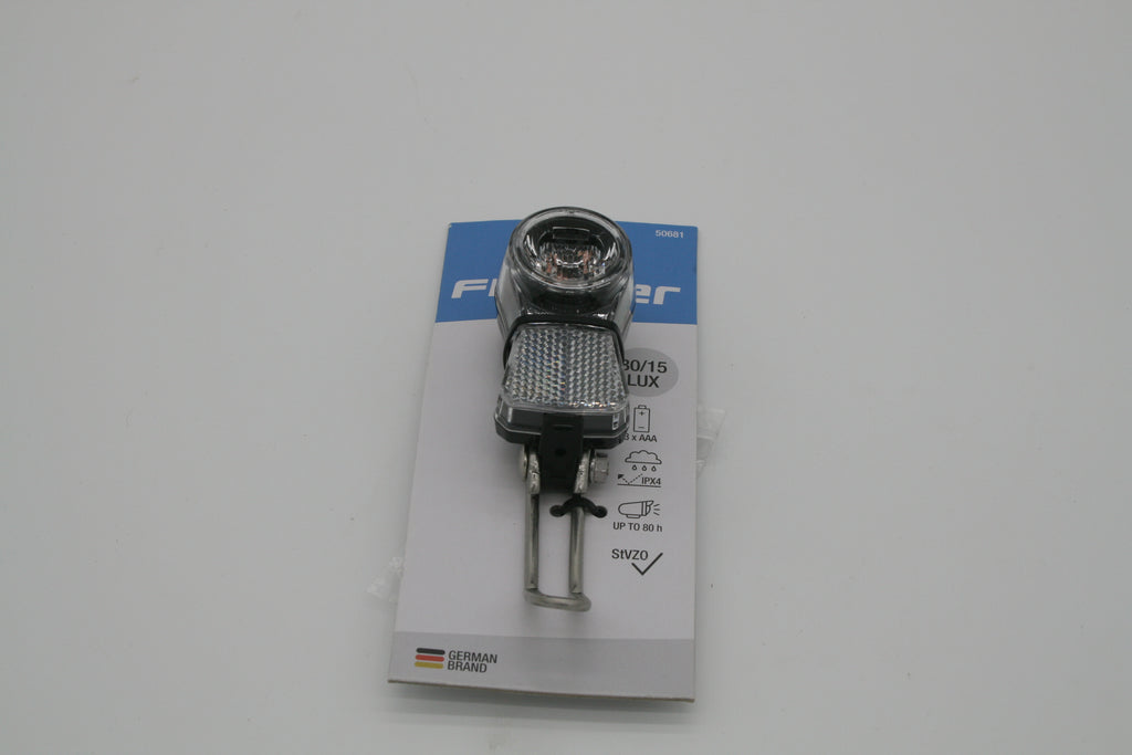 FISCHER LED Fahrrad Scheinwerfer Frontlicht 30 Lux StVZO Batterien 50681 NEU  Kopieren