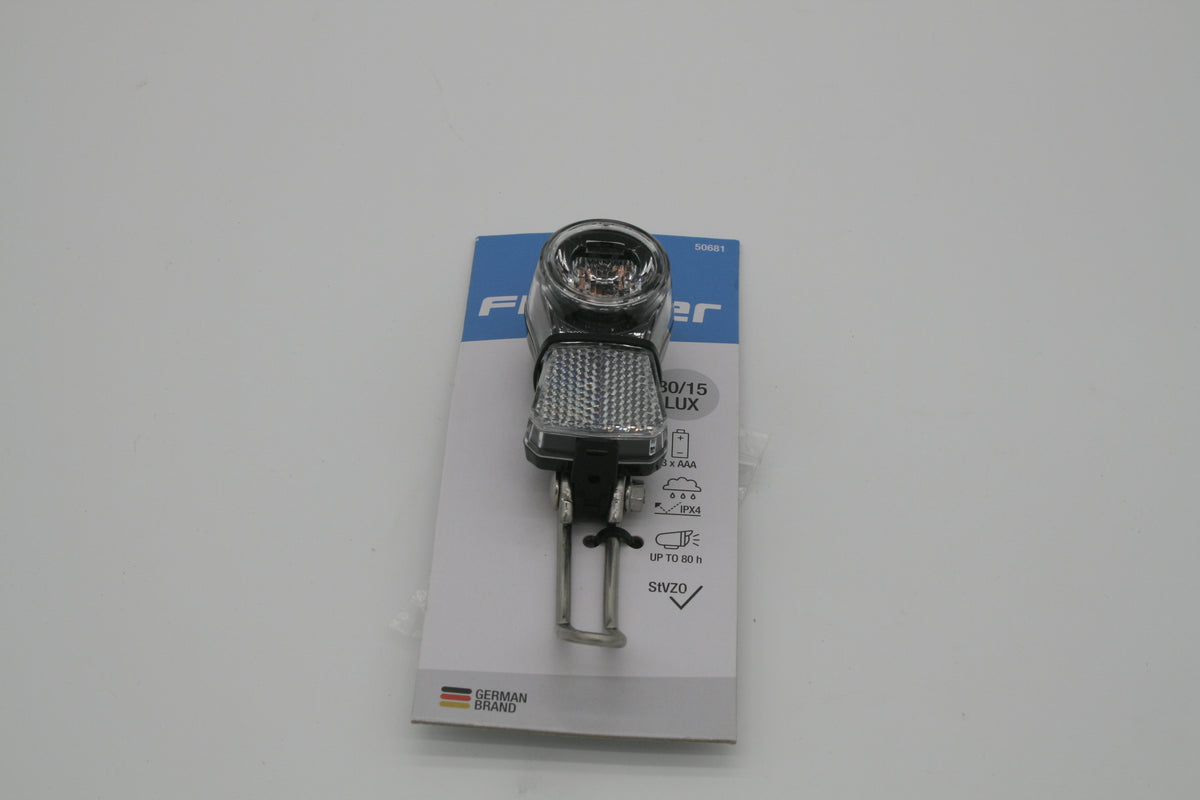 FISCHER LED Fahrrad Scheinwerfer Frontlicht 30 Lux StVZO Batterien 50681 NEU  Kopieren